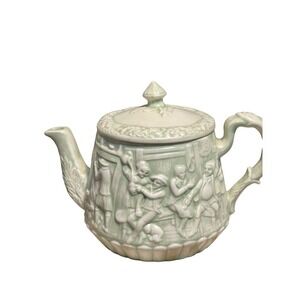 Vintage Sage Green Ceramic Teapot Embossed Figures Lid Handle Spout